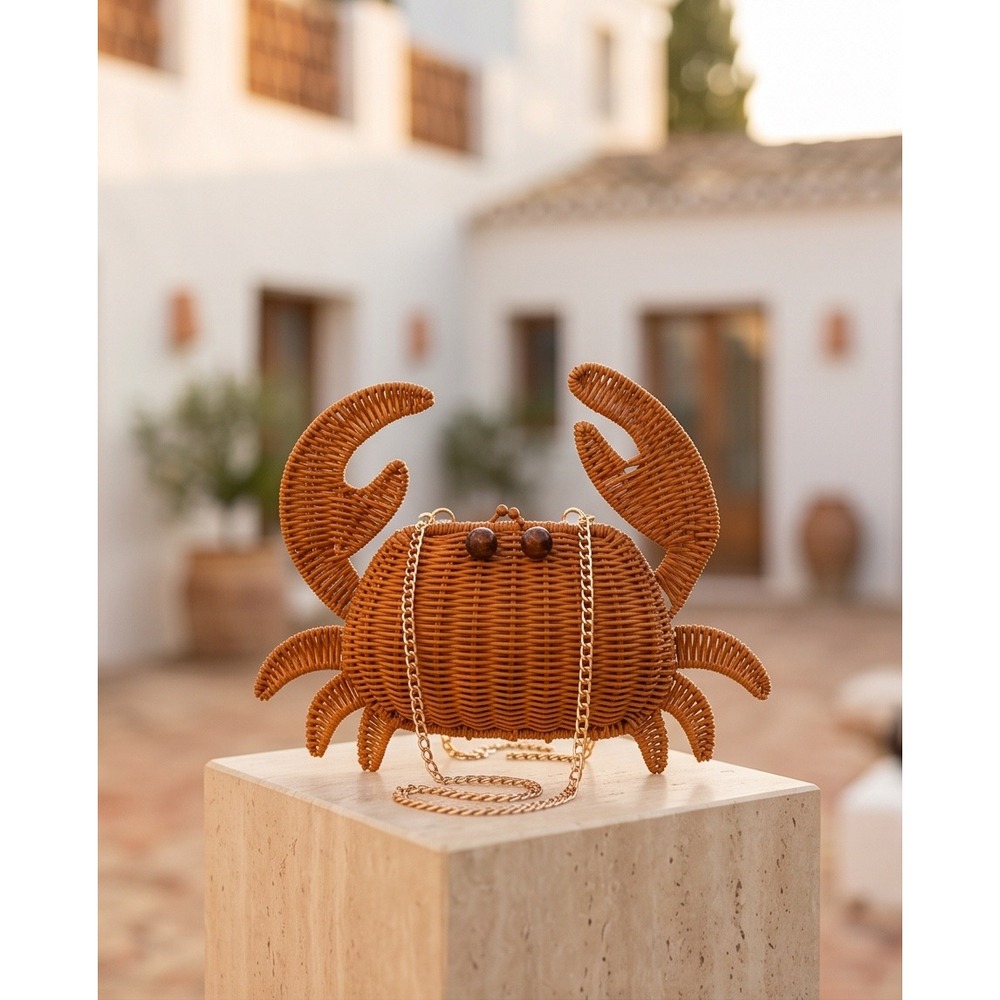 Novelty Crab Wicker Clutch Bag Gold Chain Strap Coastal Summer Beach Crossbody - Picture 4 of 9